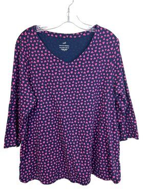 J. Jill Navy & Pink Heart Print Pima Cotton 3/4 Sleeve V-Neck Tee Top XL
